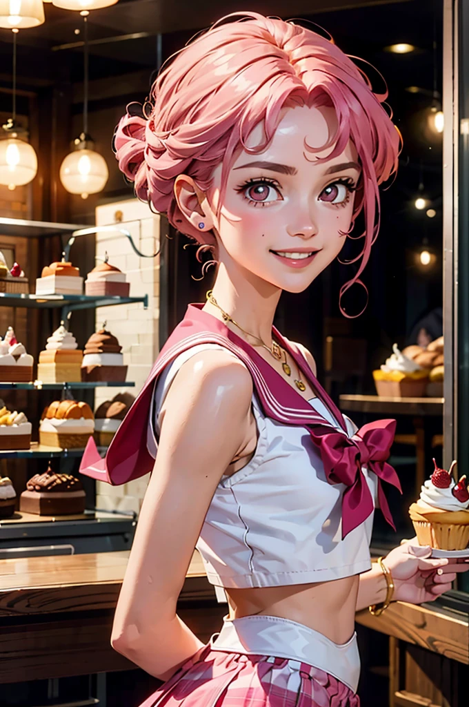 sailor_Red Cliff_moon, Pink Hair, Pink Eyes,  jewelry, Necklace, Gold Crown, Looking at the audience, Happy, excited, Smile, Apply oil to the skin and stand face-to-face，Look at the audience，Full body image，Interior of a bakery, Table full of cakes, Cakes and Muffins, Lively atmosphere, 
Extremely detailed, masterpiece, Good quality, 