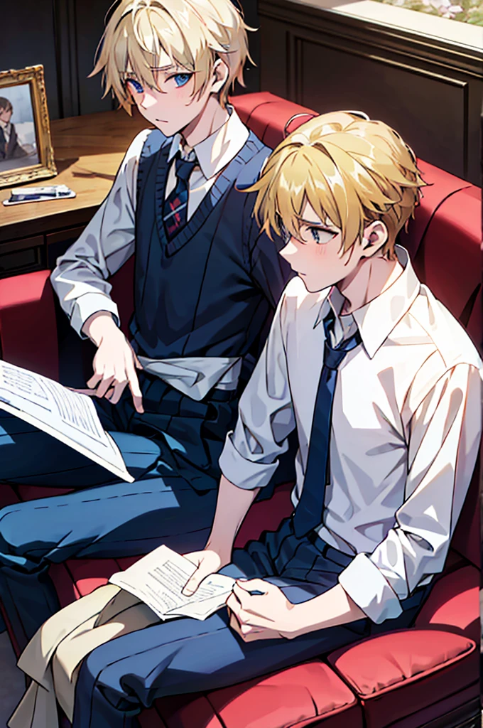 Two blond twin boys in the living room of a mansion,sit together. schoolar uniform, chemise, necktie, pants, I sit in an armchair, beautiful  face, detailded. Extremamente  detailded, middle aged man in the room behind the boys, esse homem tem fabelos l9iros eusa roupas casuais chemise social vermelha e calça preta