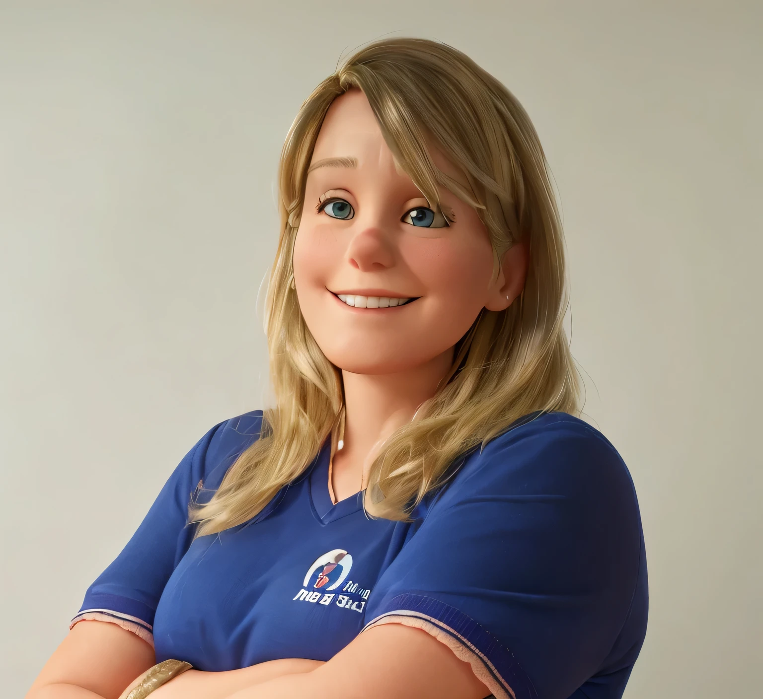 Middle aged woman, blonde, smiling, crossed arms, staring at the camera, shirt blue.