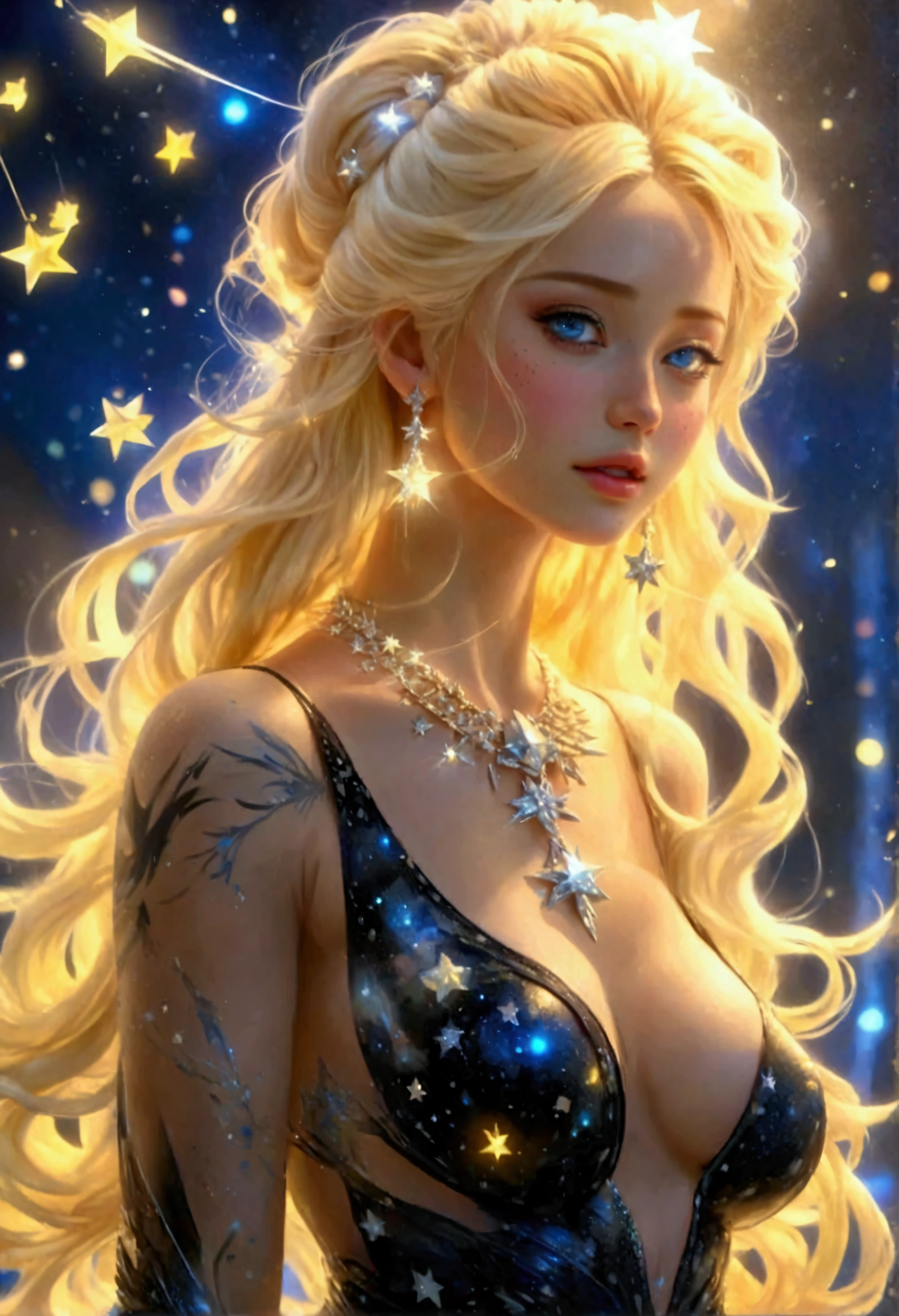 a glamour ((full body: 1.5)) picture shot, of an elite model covered in stars, walking on a (dark catwalk: 1.2), an extraordinary glamourous elite female model, ((full body: 1.5)),  ((anatomically correct: 1.5), (ultra detailed face: 1.2), best detailed face, yrllow hair, long hair, lush hair, glam hair cut, blue eyes, delicate face, light make up, wearing intricate detailed dress, glamour dress, haute couture dress, elite fashion dress, black as night dress, decorated with bright stars, starlight,  small cleavage, wearing high heels, elegant high heels, she wears diamond necklace, she is glows in a soft starry light, she walks on (asteroid catwalk: 1.2), elite fashion show background, vibrant, Hyperrealism style, vibrant, Ultra-high resolution, High Contrast, (masterpiece:1.5), highest quality, Best aesthetics), best details, best quality, highres, ultra wide angle, 16k, [ultra detailed], masterpiece, best quality, (extremely detailed) RAW, chumbasket art style, photograph, photograph