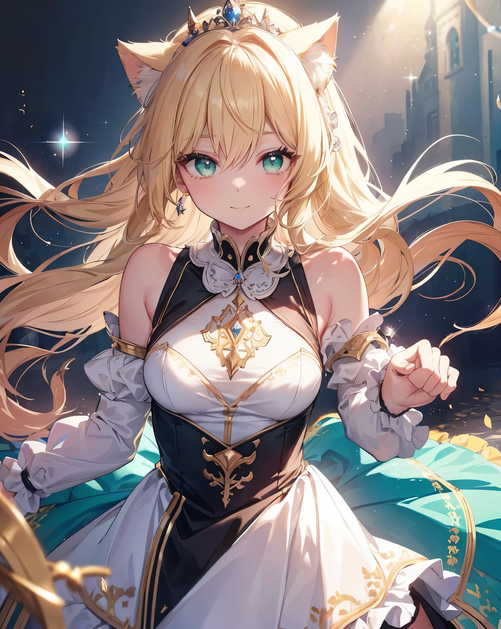 (Sketches),(eyelash:1.3), she is at He is at a nineteenth-century ball, shit slightly from the above, face focus ,watching me , High Resolution, Cute 1Girl, neko ears, cat tail, Beautiful and fine details, Long blonde hair, vibrant and vivid green eyes, Original black and white Costumes, bare shoulders, stockings, Princess Dress, crystals reflecting, imagenery, scenery. She's the princess. Cinematic sunflare. she is smiling and very happy, people around has are dancing, He's holding out his hand to me for a dance
