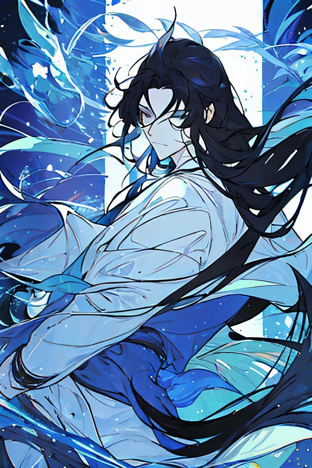 A male mermaid with long black hair, black eyes and a black fish tail on the lower half.