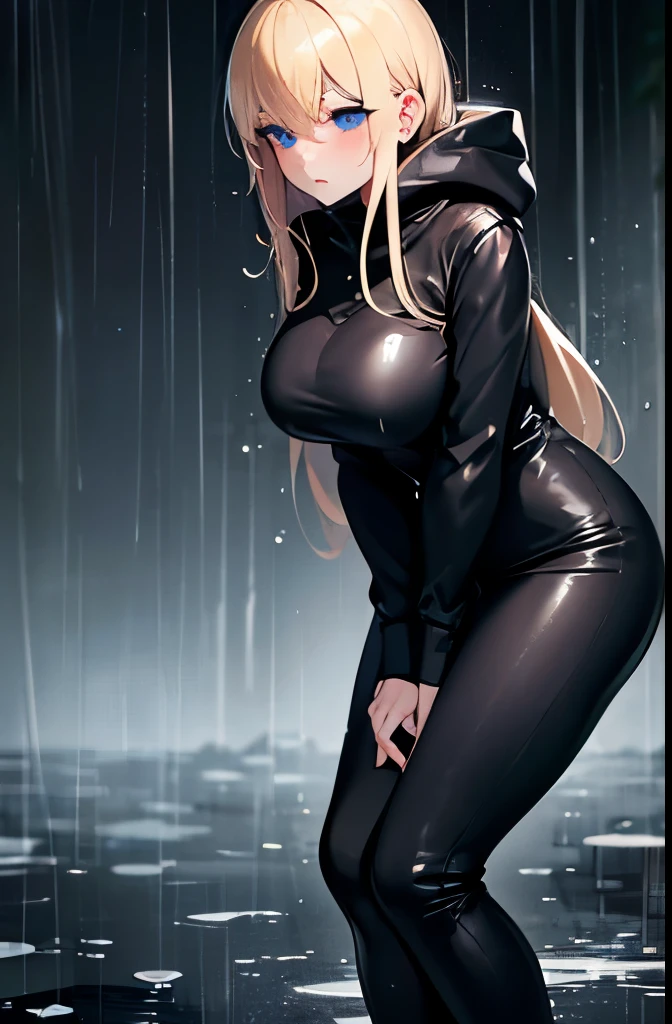 blonde,He is wearing a long black raincoat over a tight black suit.,Put on the hood,blue eyes,Large Breasts,thin,Serious face,blush,rain,forest,night,Downward,Gloomy face,Trying to take off,Full body view,Wet