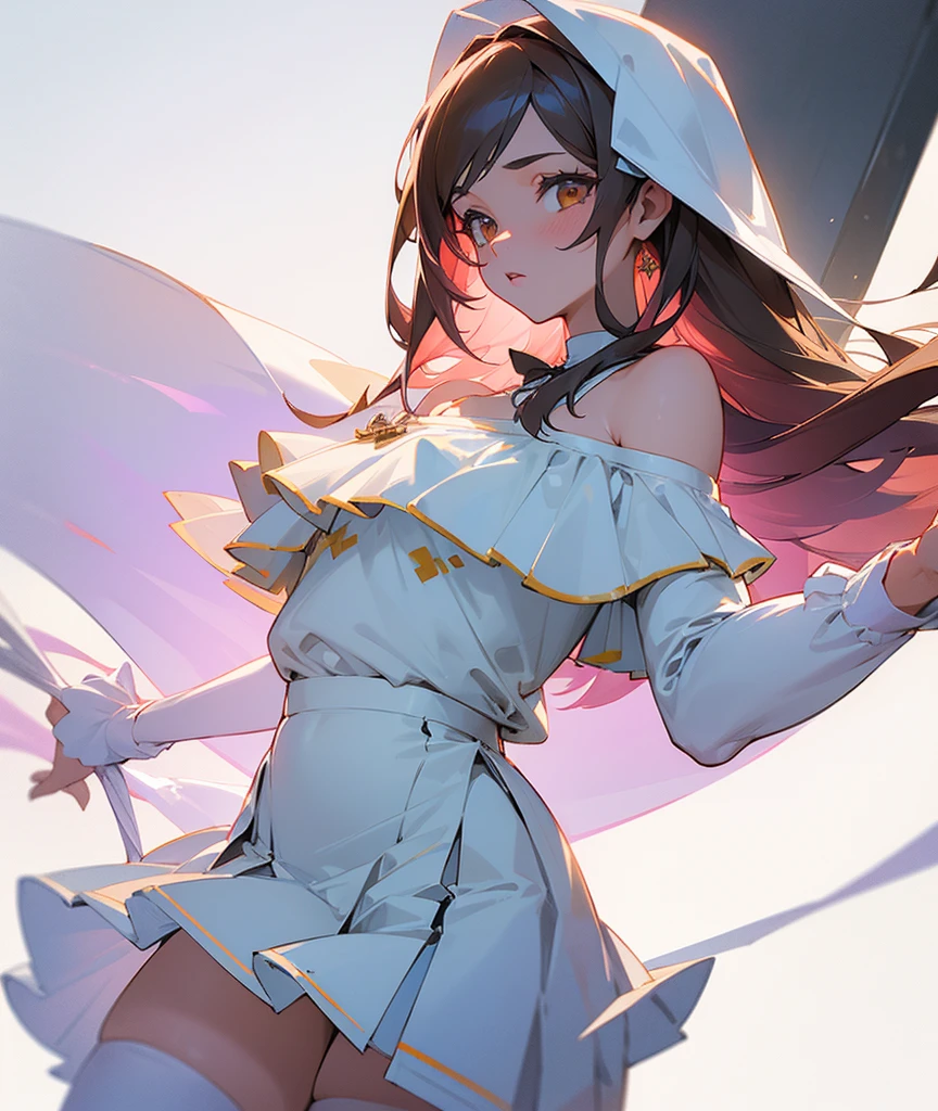 (Best quality)), ((masterpiece)), (detailed),
1 girl, very hot physique, long light hair, neat facial features, white off-shoulder blouse, short white tennis skirt, and high white stockings, she doesn't wear shoes, she has big hot breasts, who pops out of her blouse, pulling it on.She is sitting on the bed and has a shocked expression on her face..
