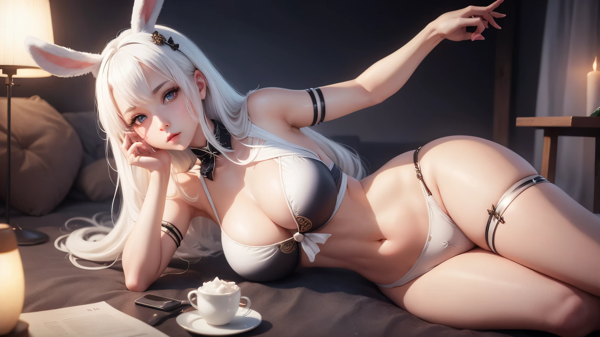 Cute sexy girl, White hair, Bunny Girl,Large Breasts,Surreal, Detailed lighting, Japanese Animation