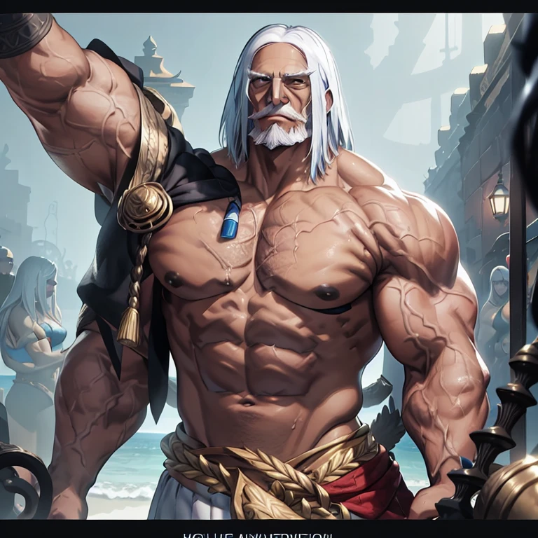 JP, Old man, A insane bodybuilder flexing his massive chest at the beach, muito lascivo, imponente, Vista lateral, corpo inteiro, 50 years old, grey long hair , thick grey beard, dark oliva skin color, peitorais largos, peitorais enornes, hair chest, pose sensual, pleasure face, wearing a tight tank top and a very tight speedo underwear, detail eyes, wet body, bare arms, big bulge, muscular legs, thick thights, large hawk nose, aquiline nose, big nose, Obra-prima maravilhosa altamente detalhada, beautiful cinematic light deep focus, elegante, Pintura digital, sementes, sharp focus, golden ratio, dramatic lighting, 8k