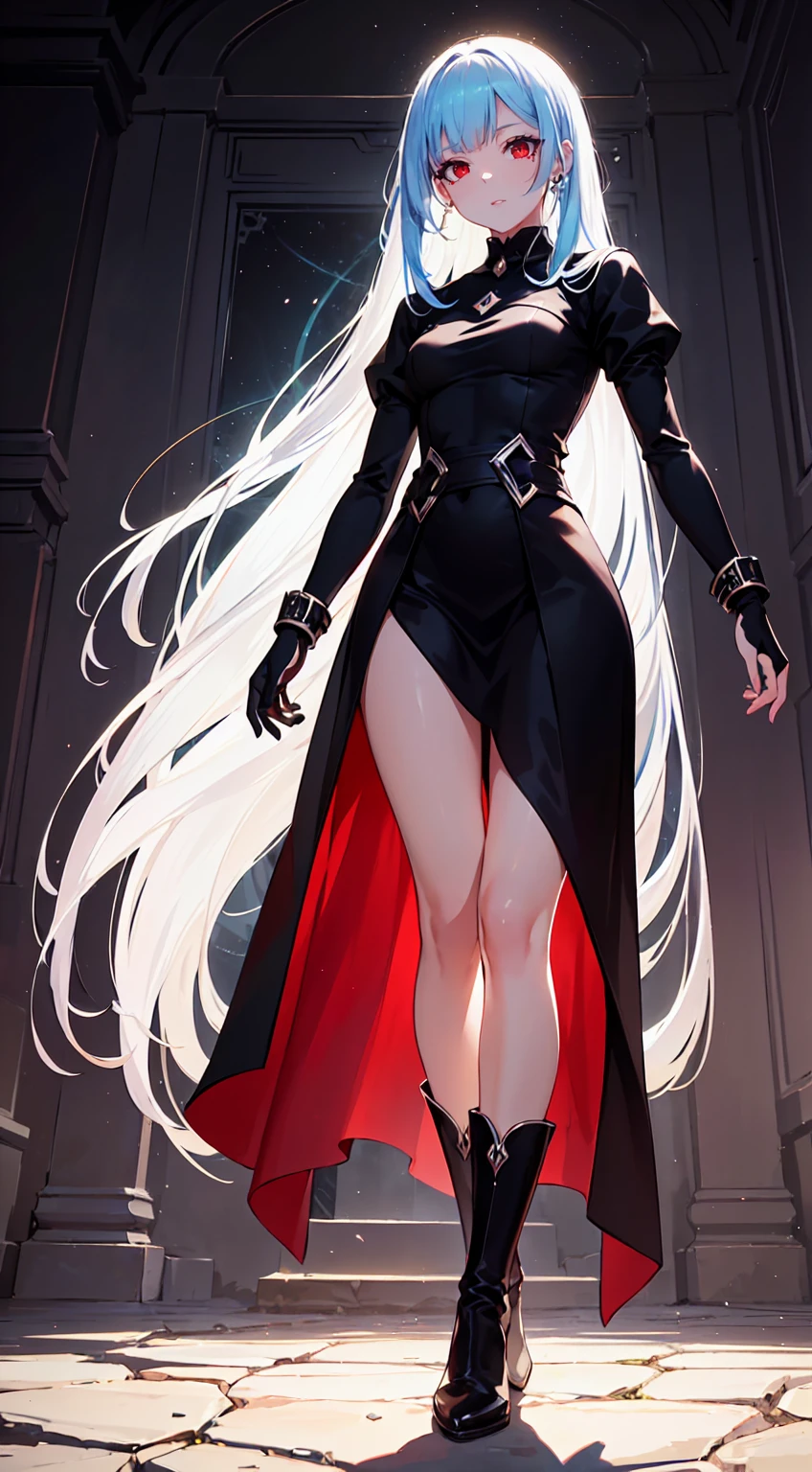 Girl with long white hair down to her waist, with small red details, red eyes, long black dress with a leg slit, with red details, long black boots up to below the knees, white skin, the ground around her is cracking and small stones are floating around her surrounded by a black aura, she is surrounded by shadows, and the background is dark like the night with the universe and stars, her presence causes fear, her shadow appears to be a monster, 8k, high quality, full body, (ultra-realistic), {extremely detailed 8k CG unit wallpaper}, expansive landscape photograph, (a view from below showing the grandeur of the character, wide open field view), (light: 2.0), (warm light source: 1.5), complex details, (iridescent colors: 1.5), (bright lighting), (atmospheric lighting), surreal, impressive, fantasy, (Solo: 1.2)