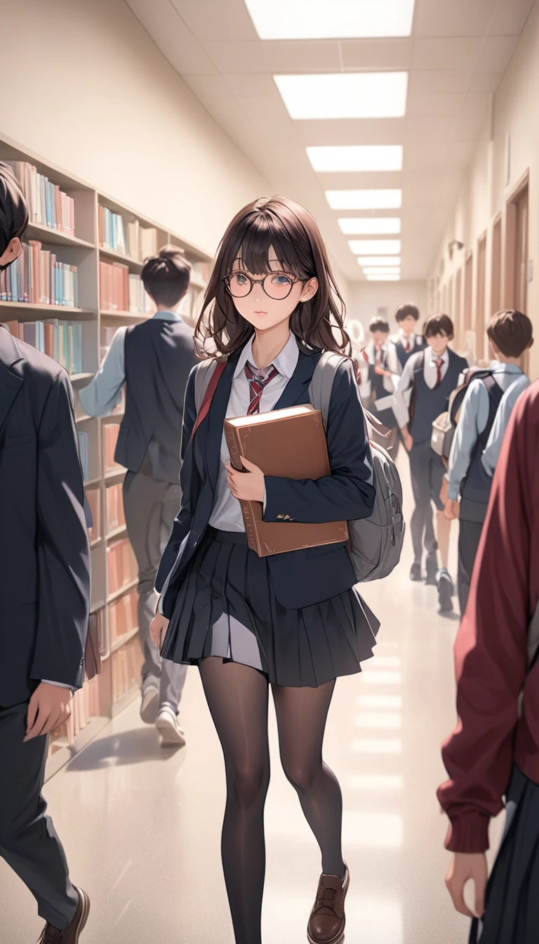 bustling high school hallway, Students are chatting and walking to their classes, shy boy with glasses holding a stack of books In
foreground, masterpiece, 4k