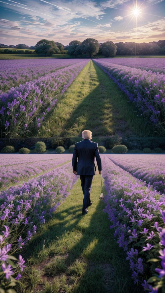 Donald Trump walking through a field. Photorealism, full view, highly detailed image, very realistic, hyperrealism, Ultra HD, 8k, 5, sharp focus, intricate and mysterious masterpiece. (Long exposure photography Artistic illustration close-up portrait very detailed: final quality, medium shot, backlight, Rich and striking. Enigmatic and mysterious manipulations (composition of the rule of thirds), ((detailed environment with strong lines) The best quality, in camera, white light, warm and clean aesthetics, dazzling screen composed of millions of brilliant ultraviolet rays, HDR.