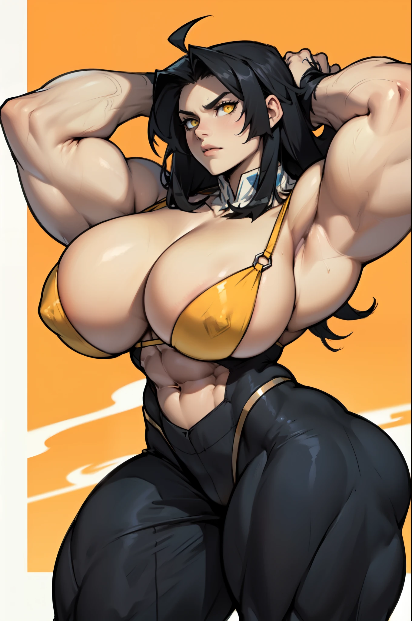 massive hair massive breasts massive muscles massively thick pale skin black hair yellow eyes