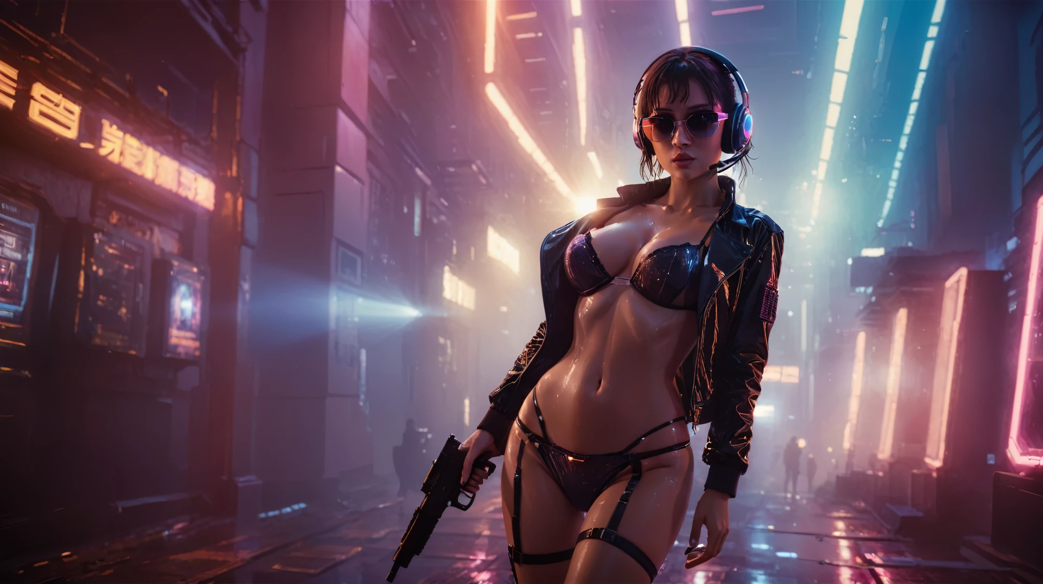 (((aerial view))), Blade Runner style futuristic city, neon lights, at night. (1girl, solo, alone), large-breast:1.2 slim body, cleavage:1.1, sexy lingerie with wet jacket, headphone, (black sunglasses), (((she raised a pistol:1.8 and shot:1.8 the viewer))), dynamic pose, (((half-body thigh level medium shot))), cinematic lighting, lens flare, ray tracing, blurred:1.4 background.