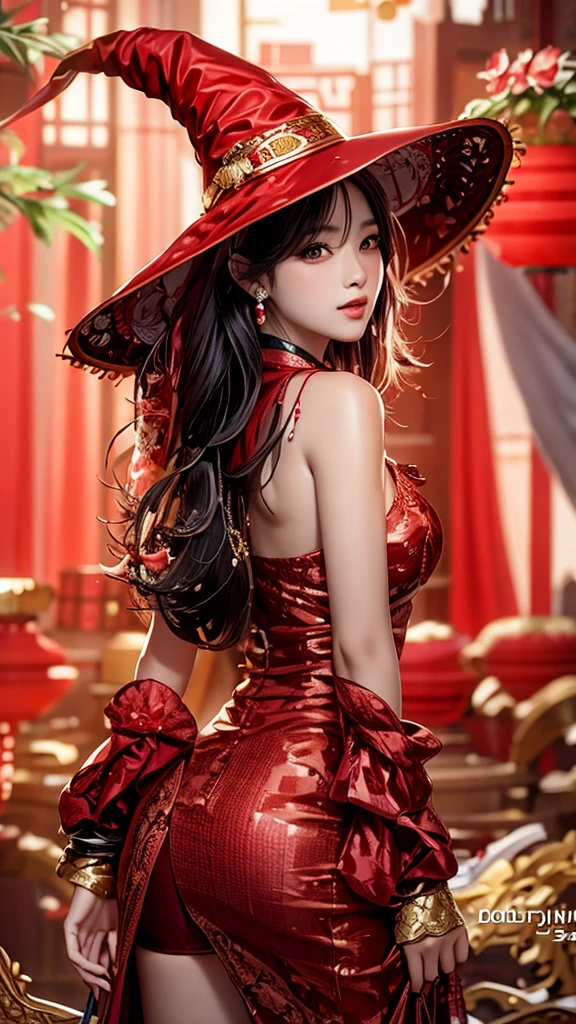 Araaf woman in red dress and hat poses for photo, beautiful south korean woman, red dress and hat, hot with shining sun, beautiful Korean girl, Red dress and magic witch hat, korean girl, beautiful Korean girl, traditional beauty, korean women's fashion model, Korean women, fantasy photoshoot, A Beautiful Girl, ChineseGirl