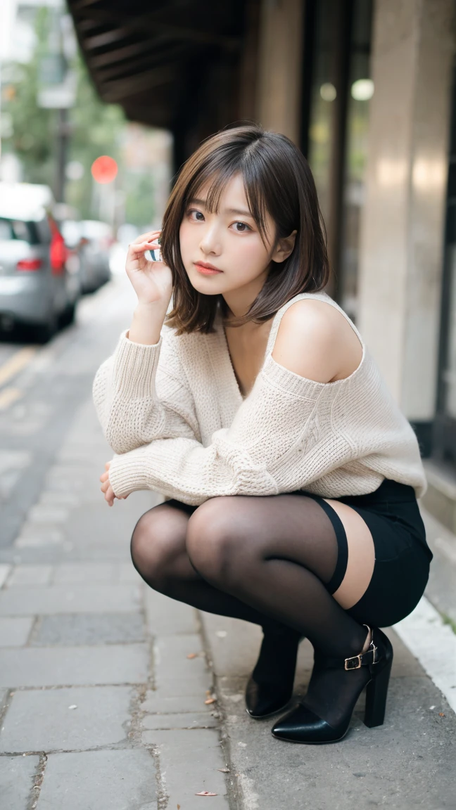 Photos taken by a professional photographer,Close-up of a woman squatting on the sidewalk with her legs crossed, kiko mizuhara, Wear a sweater, Shirahime cuts her brown hair, Wear a sweater, Young and pretty girl, Japanese Model, 白いWear a sweater, Chiho, ランダムカラーのカジュアルなWear a sweater,Cute eyed waves for short hair, a Cute young woman,20-year-old, Cute young woman, Black Pantyhose,black tights,Black high heels,