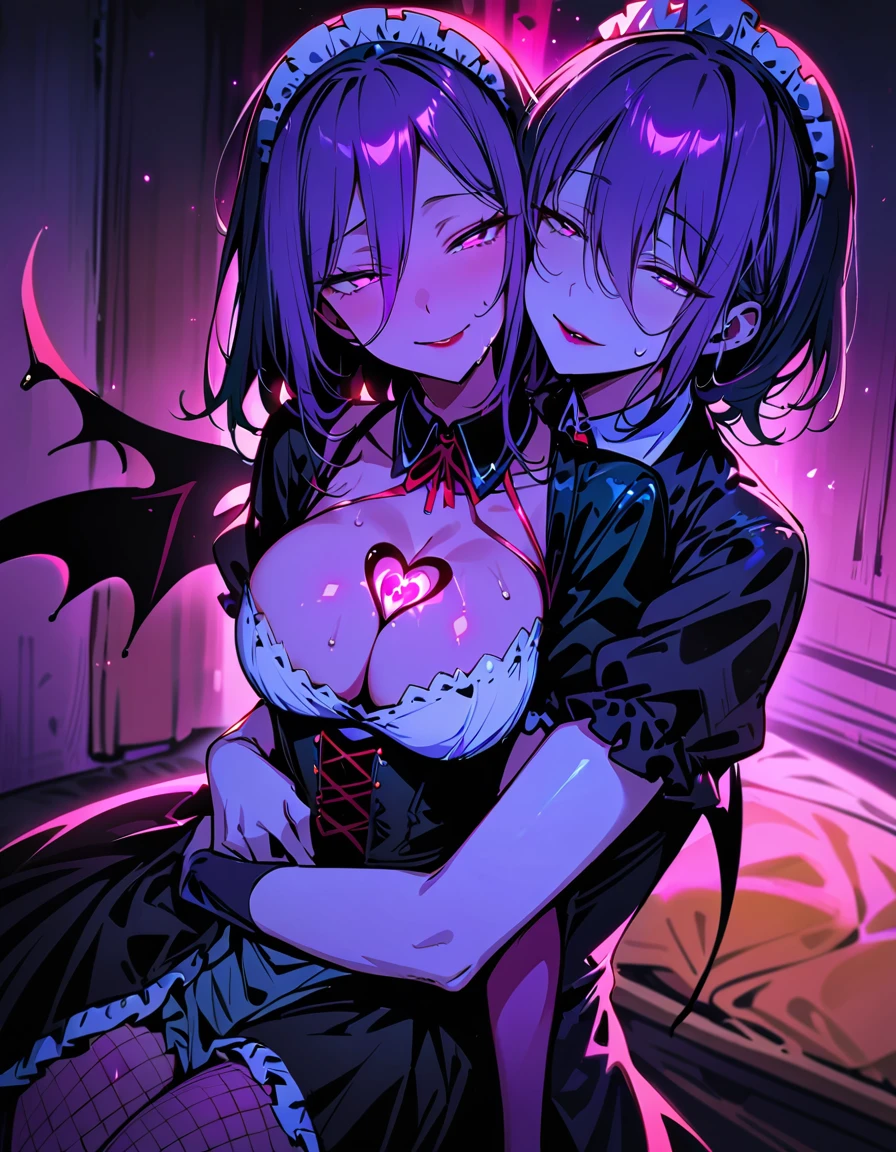Two beautiful mature women,Sisters,(Detailed Description,Incredibly absurd,High resolution,8k wallpaper,masterpiece,Highest quality,Depth of region,Anatomically accurate depiction),(Glowing Skin,Shiny skin,Oilskin),((Succubus disguised as a maid)),(Black and white  maid outfit,Maid Skirt,corset,Fishnet tights,small devil wings),eyelash,(Luminous purple eyes,Eyes of Madness,There is cleavage in the chest,Wicked Smile,Glossy red lipstick,Two people embracing each other and seducing each other,Half-closed eyes:1.2),Sweat,(whole body),(background:Bedroom at night),Pink light,