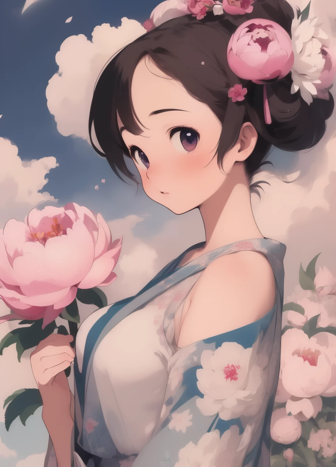 (masterpiece、Highest quality、Highest quality、Official Art、Beautiful and beautiful:1.2)、(One girl:1.3)Hatsune Miku、Twin tails,Beautiful breasts, Katsushika Hokusai, Ink Painting, peony, Flower on shoulder, short hair, Delicate and precise, Thor, Modern ukiyo-e style,