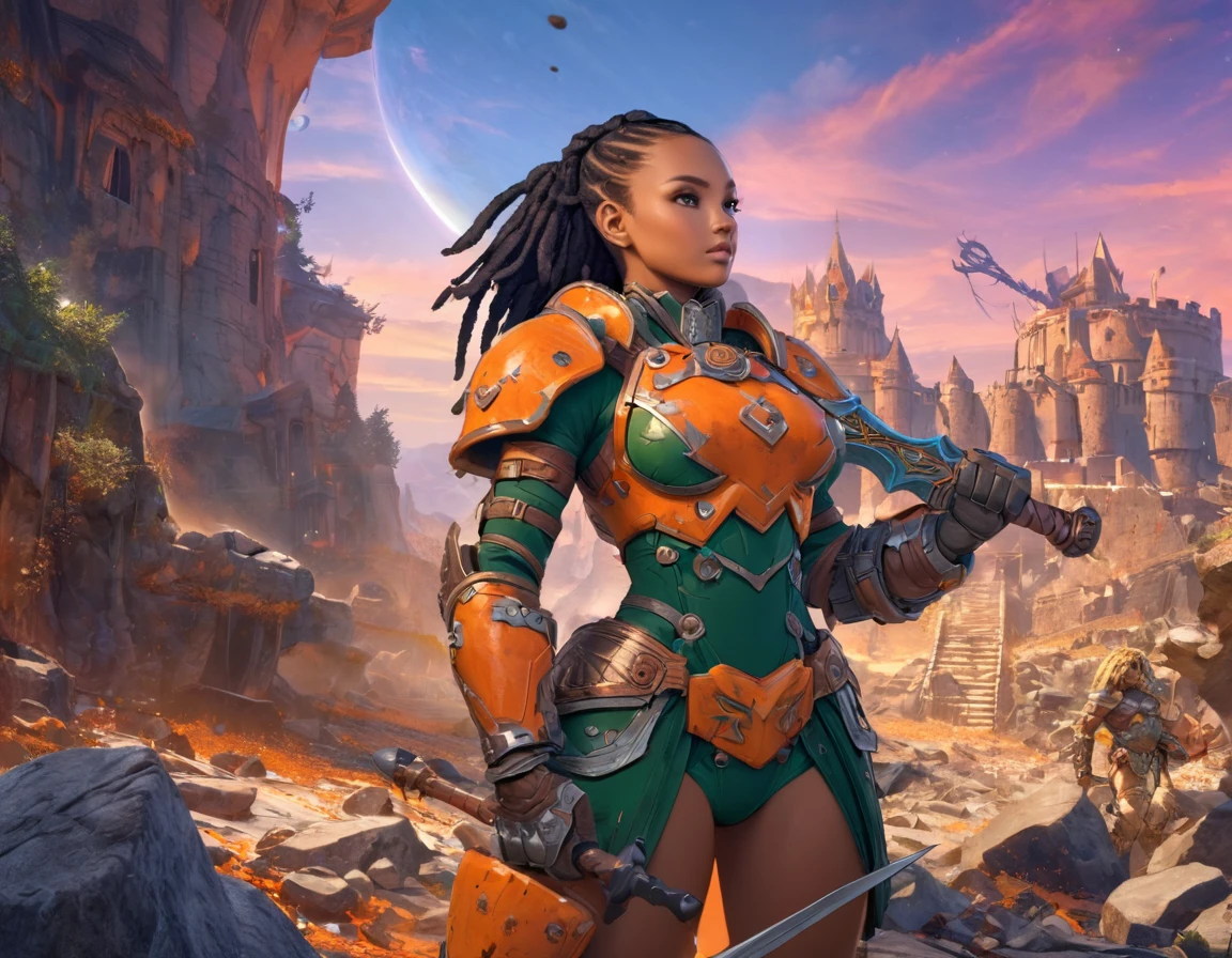 Portrait of  African woman with (short black dreadlocks), black hair pulled back, wearing a (heavy orange mechanical armor, power armor covering her chest and arms, orange breast plate) with large (round orange shoulder pads), chipped paint, (visible wires and gears connect the shoulder pads to the armored gloves), wires run down her arms. a dark green undersuit visible between the armor pieces. (Barbarian fur). Castle ruins background,  large broken stones litter the area.  Show her holding a large warhammer in both hands,. super high quality, super high detail, masterpiece, 4k, 8k, HDR, masters of the universe,  vibrant colors,  multicolor sky, multiple moons