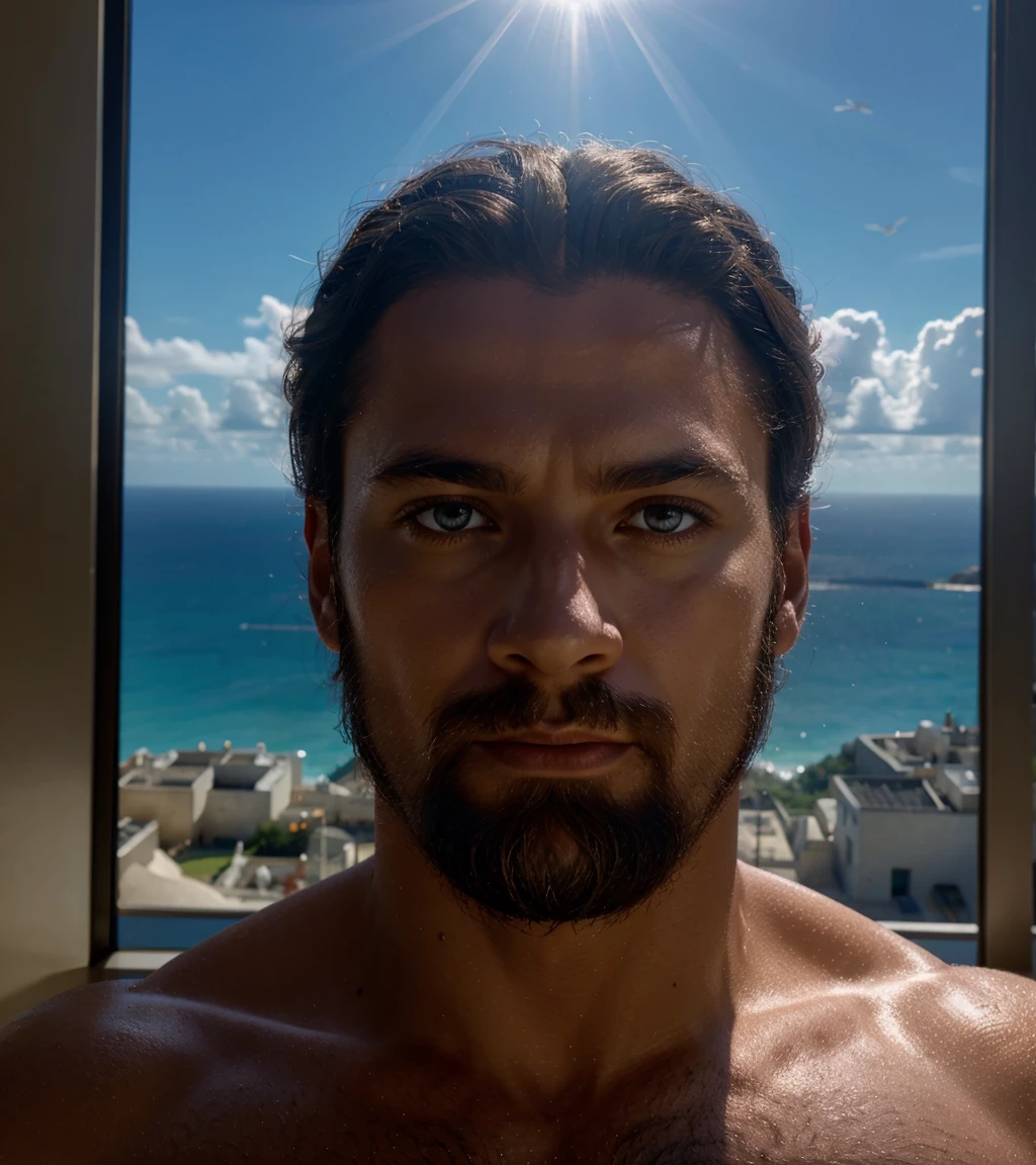Zeus, kingdom, sky, Mythology, sunbathing, flash, Cinematic lighting, prise de vue en grand angle, 