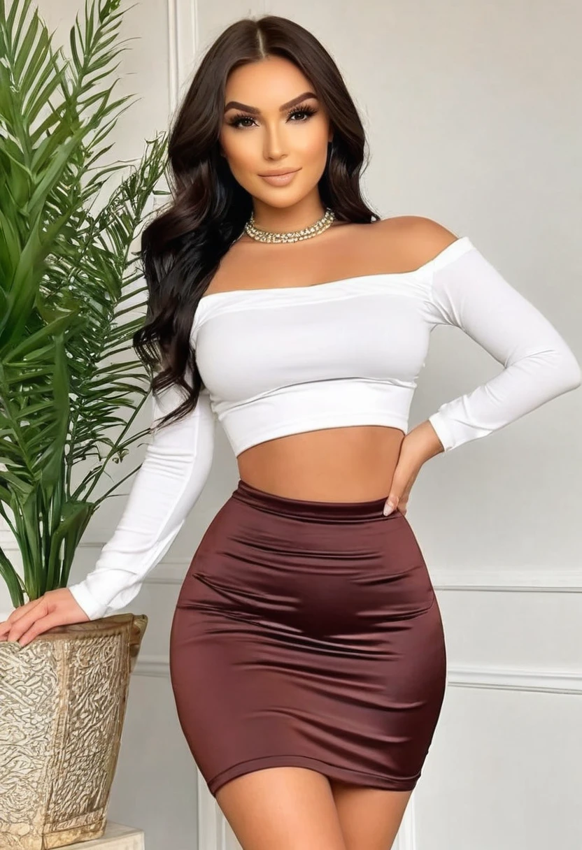 (best high quality:1.5), work of art, (8k), extremely detailed, (High details:1.4), Solo, ((HotLexi)), female with 24 years old, (crop top, pencil skirt), ((shaped-hourglass hot body)), (pretty perfect square defined model face:1.2), BREAK,