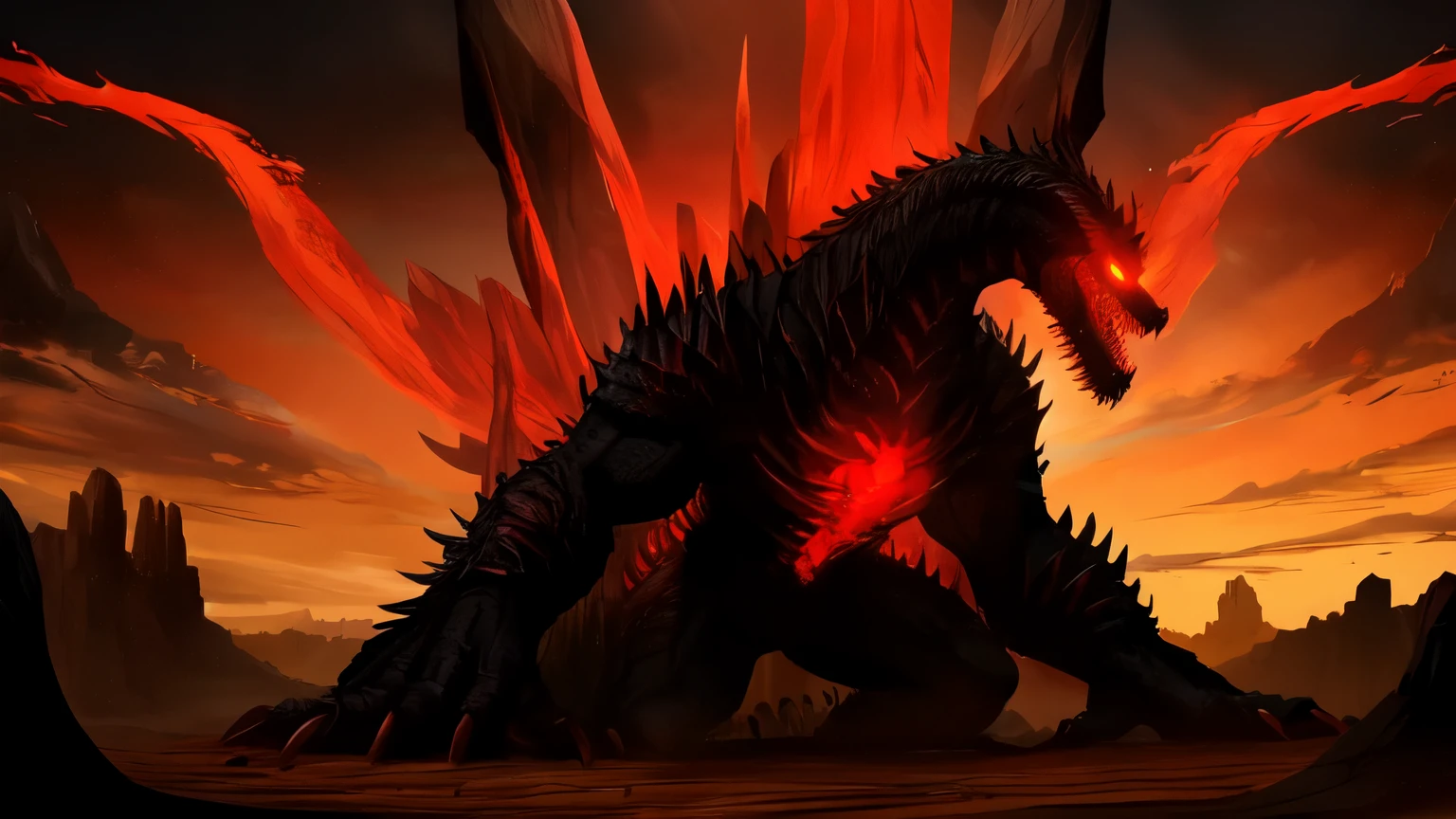 ((best quality)), ((masterpiece)), (detailed), A digital silhouette illustration of a giant monster made up of writhing worms, with sharp teeth and glowing red eyes. The monster is destroying a desert area