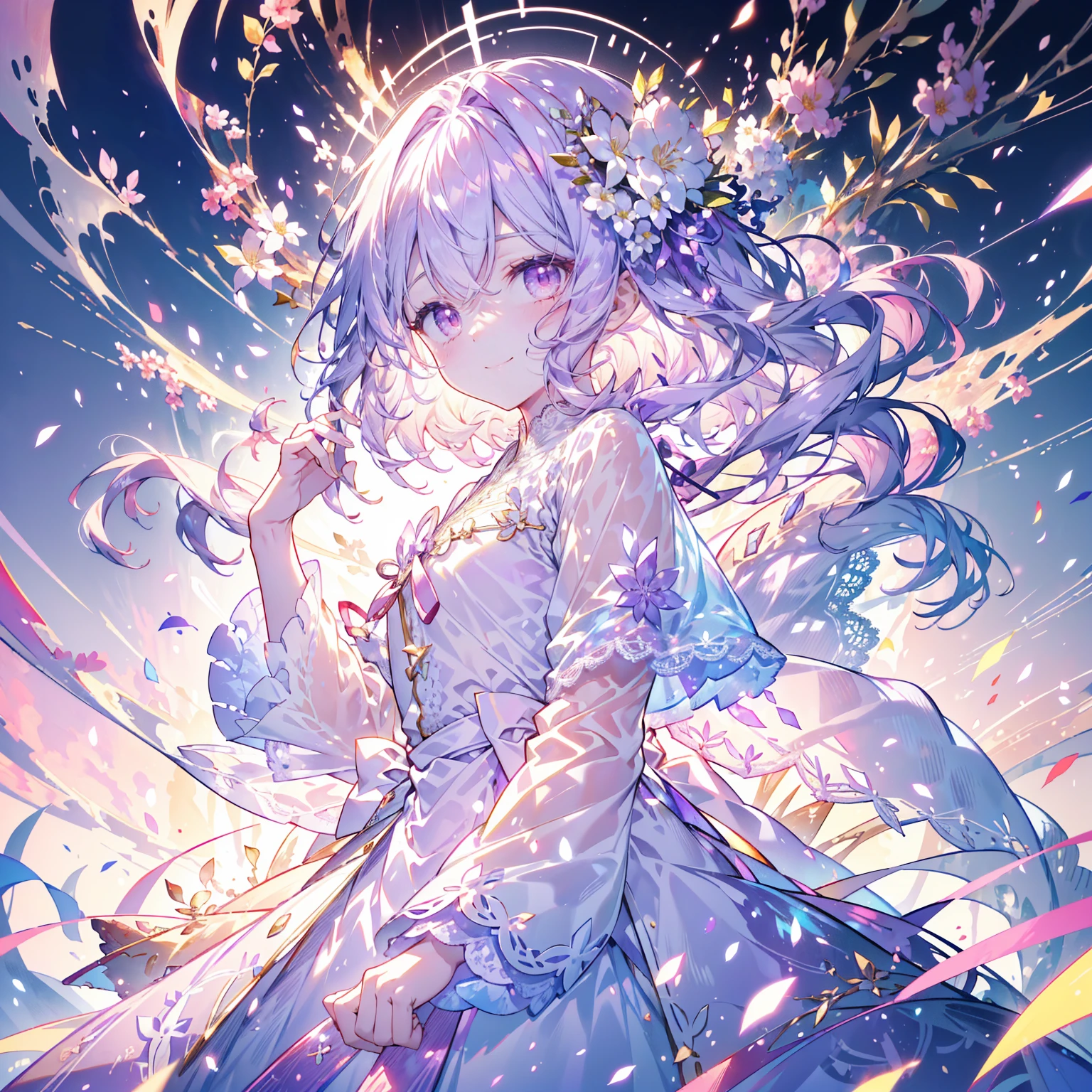 (Highest quality, masterpiece, Very detailedな, Very detailed, Exquisite, 16K,Full HD),(White Background:1.5),A little closer,Dramatic lighting,pastel colour,smile,(seems to be happy)grab the hem of the dress,sun光,grassland,null(Floating in the air),Soft lighting, ((alone:1.5)),(晴れ渡ったnull,青null,rainbow,sun,午前のnull,sunny),Gentle breeze,Magical Forest,flower,wood,flower畑,葉っぱとflowerびらが舞う,From above,((head shot)),画面いっぱいのflower,(Fairy Princess, Purple eyes, Long eyelashes,White skin,slim,pale pink plump lips,Pale pink cheeks, The wind is blowing,(Long Hair,Wavy Hair,Pale purple),thin and long,(thin and high nose,Small Nose),(腰の少しFrom above巨大な妖精の羽:1.5),sunの光に反射した,sunの魔法,flowerのティアラ,Diamond Earrings,Diamond Choker,(Narrow waist,Fluffy white ball gown dress, Lace and frills),(smile:1.2), (Fantasy, Romantic atmosphere),