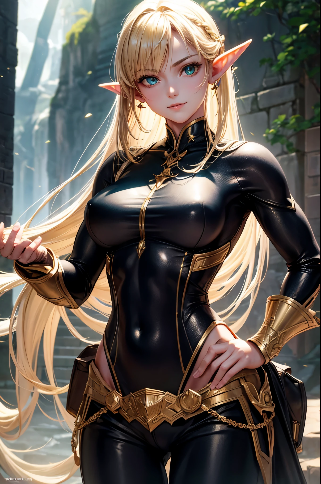 8k,An elf woman who serves as the vice-commander of the Brave Knights..,so beautiful(Like the real thing),Green Eyes,Elf Ears,Blonde Straight Hair,Muscular and slim body,Strongly defined abdominal muscles,Luxurious black exterior,Luxury Black Combat Pants,Very big smile,Long, narrow eyes,masterpiece,Photorealistic RAW photos of the highest quality。Bright colors,Rich colors, Backlight, Cinema Lighting, Film Grain, to be born, 50mm lens, Nikon D850,Realistic Skin,Fantasy art,Character Art,Ultra-high resolution,Realistic scale skins,Perfect hand shape,View your viewers,Beautiful expression,1 comb&#39;hair,Very small breasts,Gorgeous black very small chest armor,Luxurious black shoulder pad,Luxurious black gauntlets,Luxurious black armour,Luxurious black leg armor,View your viewers,Thin breastplate,Top view,close,Sharp Eyes,Dynamic fighting pose,Very small breasts,German,Muscular Beauty,Hard and strong abs,Makeup,