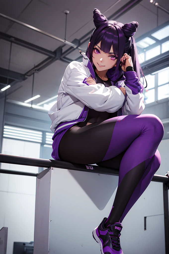 beautiful young fitness woman with , in a gym wearing May with black pantyhose, white and purple fitted gym jacket. standing alone,hair horns,bright purple eyes,Evil smile,legging preto aura roxa,arms crossed eye shadow,whole body,labiaa,sitting,legs crossed
