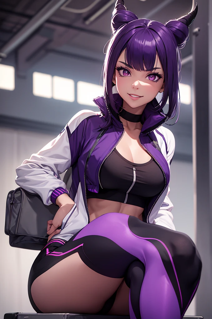 beautiful young fitness woman with , in a gym wearing May with black pantyhose, white and purple fitted gym jacket. standing alone,hair horns,bright purple eyes,Evil smile,legging preto aura roxa,arms crossed eye shadow,whole body,labiaa,sitting,legs crossed
