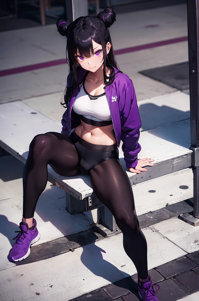 beautiful young fitness woman with , in a gym wearing May with black pantyhose, white and purple fitted gym jacket. standing alone,hair horns,bright purple eyes,Evil smile,legging preto aura roxa,arms crossed eye shadow,whole body,labiaa,sitting,legs crossed