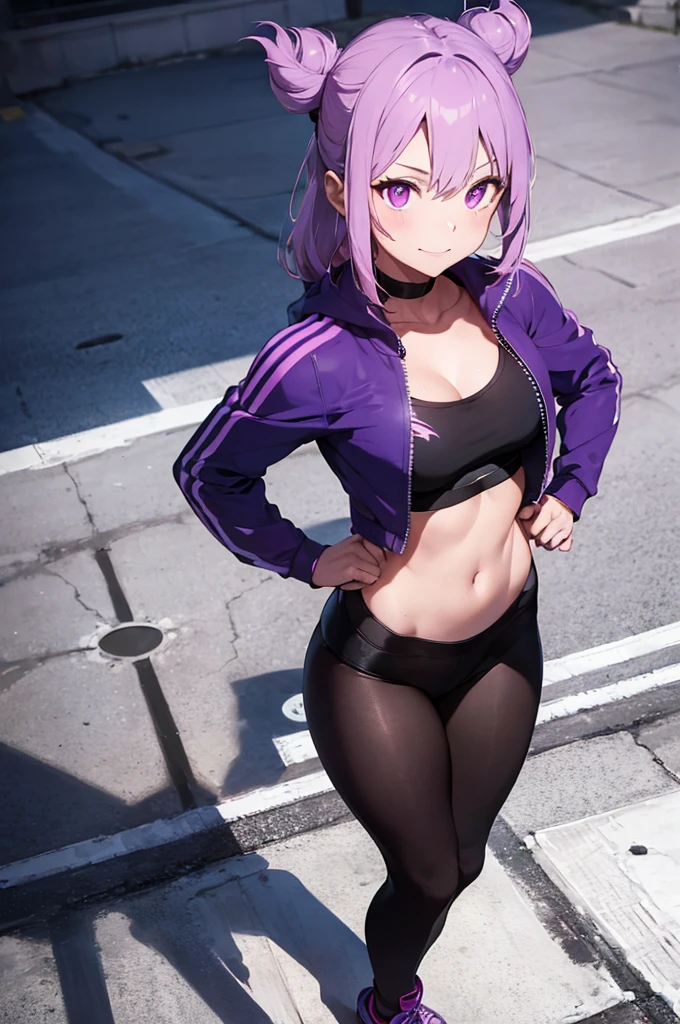 beautiful young fitness woman with , in a gym wearing May with black pantyhose, white and purple fitted gym jacket. standing alone,hair horns,bright purple eyes,Evil smile,legging preto aura roxa,arms crossed eye shadow,whole body,labiaa,sitting,legs crossed
