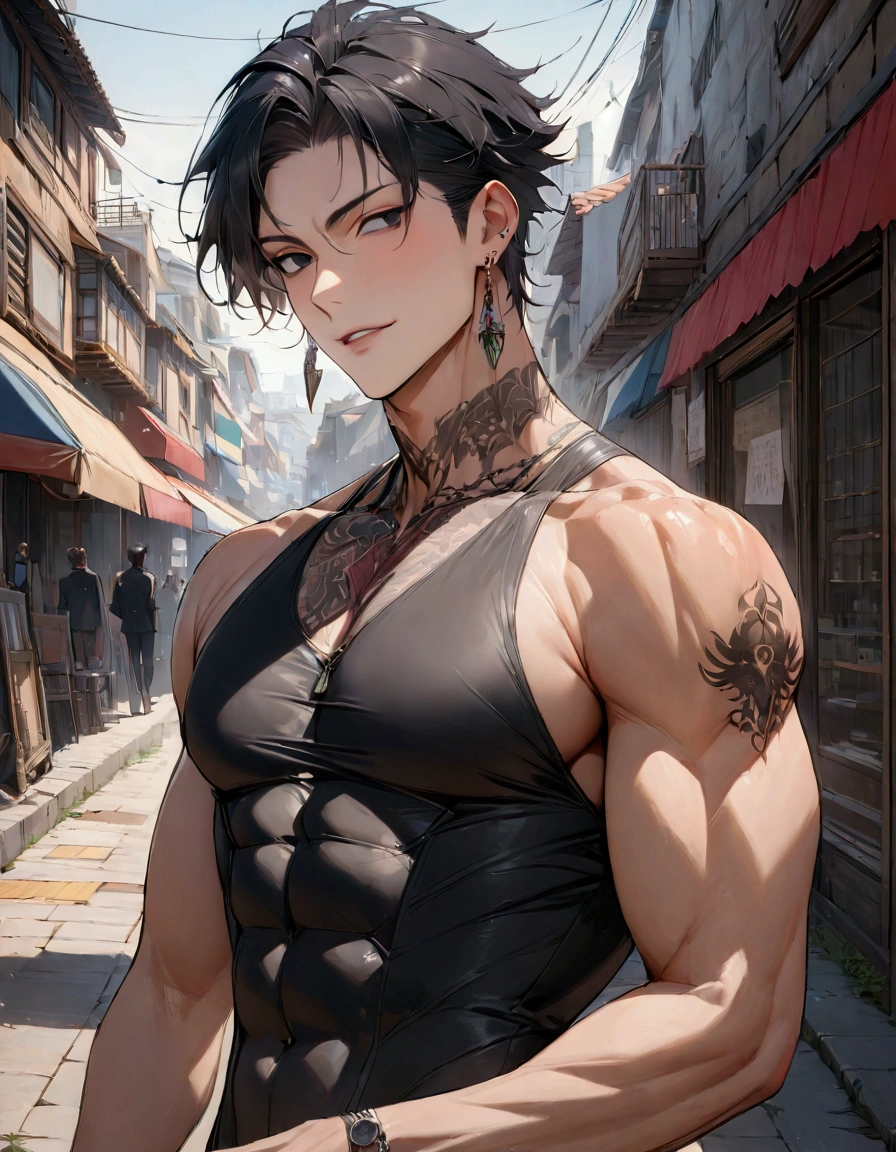 (masterpiece:1.3),(最high quality:1.4),(Very detailedな:1.5),High resolution,Very detailed,8k,artwork,High level of detail,rendering,high quality,Wide range of colors,（Anime Men）Slim figure、Black Hair、Cool guy、good looking、魅力的なAnime Men, Seductive anime youth,Slippery、black eye、quiet、Inconspicuous、Big silhouette black sleeveless top、club、city、（On the neck）tattoo、Earrings、Hair length is normal、Provocative、Laugh fearlessly。