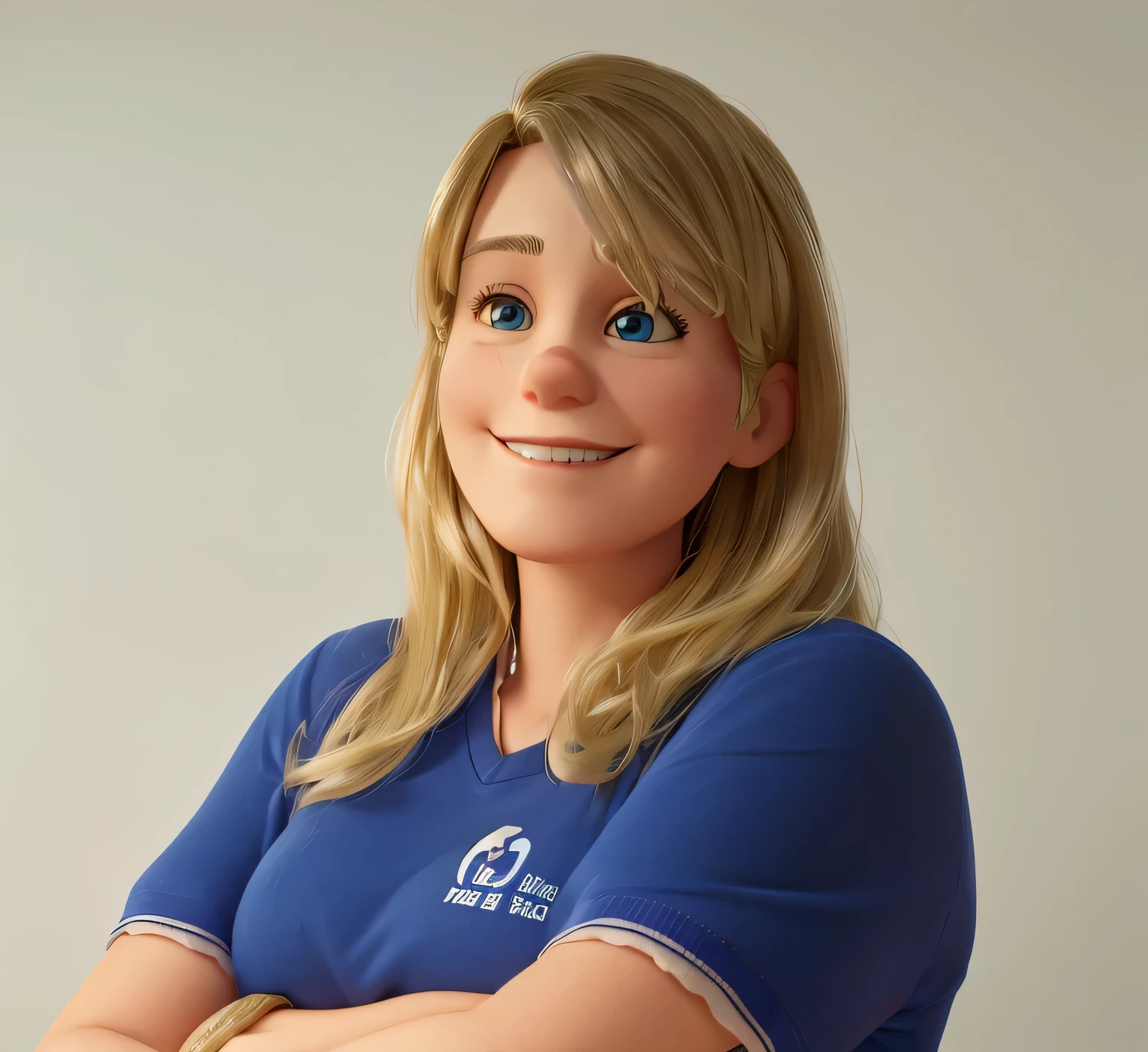 Middle aged woman, blonde, smiling, crossed arms, staring at the camera, shirt blue. olhos pretos