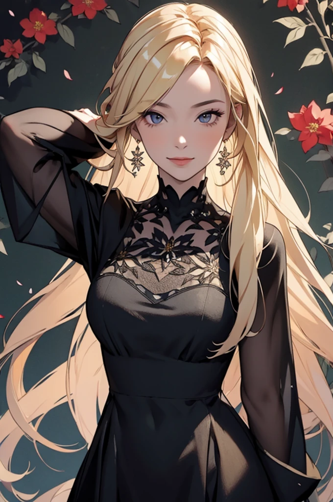 (masterpiece, best quality, ultra-detailed:1.3), 1girl, arms behind head, (smile:0.5) edgPetal, a woman wearing a black dress made of flower petals, wearing edgPetal, garden background, dimly lit BREAK (long blonde hair), mid parted hair