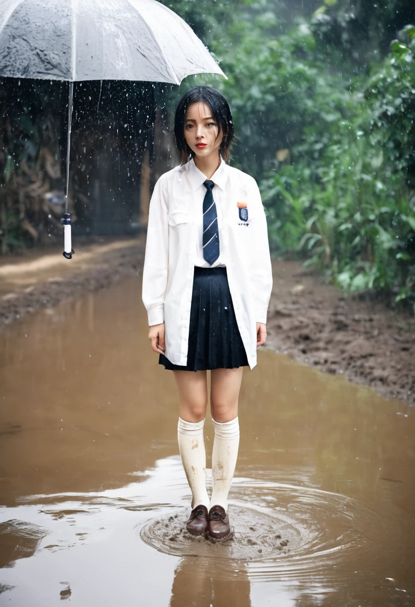 A woman in uniform is standing on the mud。I can see the black skirt。She is wearing knee-length white socks stained brown with mud.。Wearing brown loafers。The shoes and socks are completely covered in mud.。Heavy rain is falling。