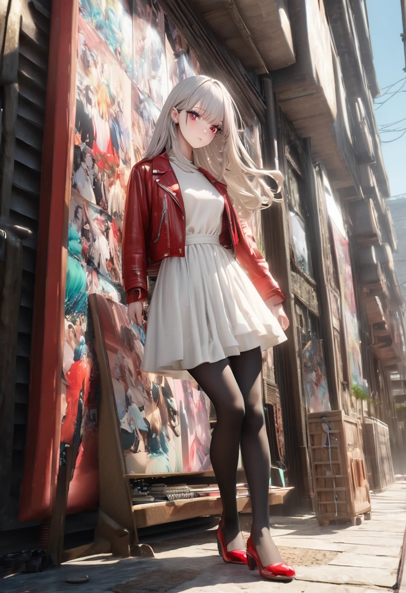 Red eyes, white skin, ((long ivory hair)),(((red mini leather jacket)):((white.red chiffon plain and high cut dress)) :((chiffon black stockings)) :((white. Red chiffon shoes )): Equipped with green luminous color points, (UHD), (HD), shining, red pigment and black pigment, long hair, woman's solid face, pretty face, beautiful, 8k, realistic and perfect face, muscular Abs, aesthetics of the completed body, Unreal Engine 5, sharp focus, chromatic aberration, ((2.5D semi-realistic girl full body)),((live-action girl full body)),((3D cartoon art)), ((comic art) ), ((3D )),ulzzang-6500-v1. 1, sunlight, exterior, Ulzzang-6500, durable leather, super strong eyes and face, Fujifilm XT3, luxury, book cover poster, headline, fashion storage, Harper's Bazaar art, fashion storage, fashion storage, outdoor, It is highly durable. And it's very beautiful. display box, geometry, pose, full body, front view, front shot, wide angle