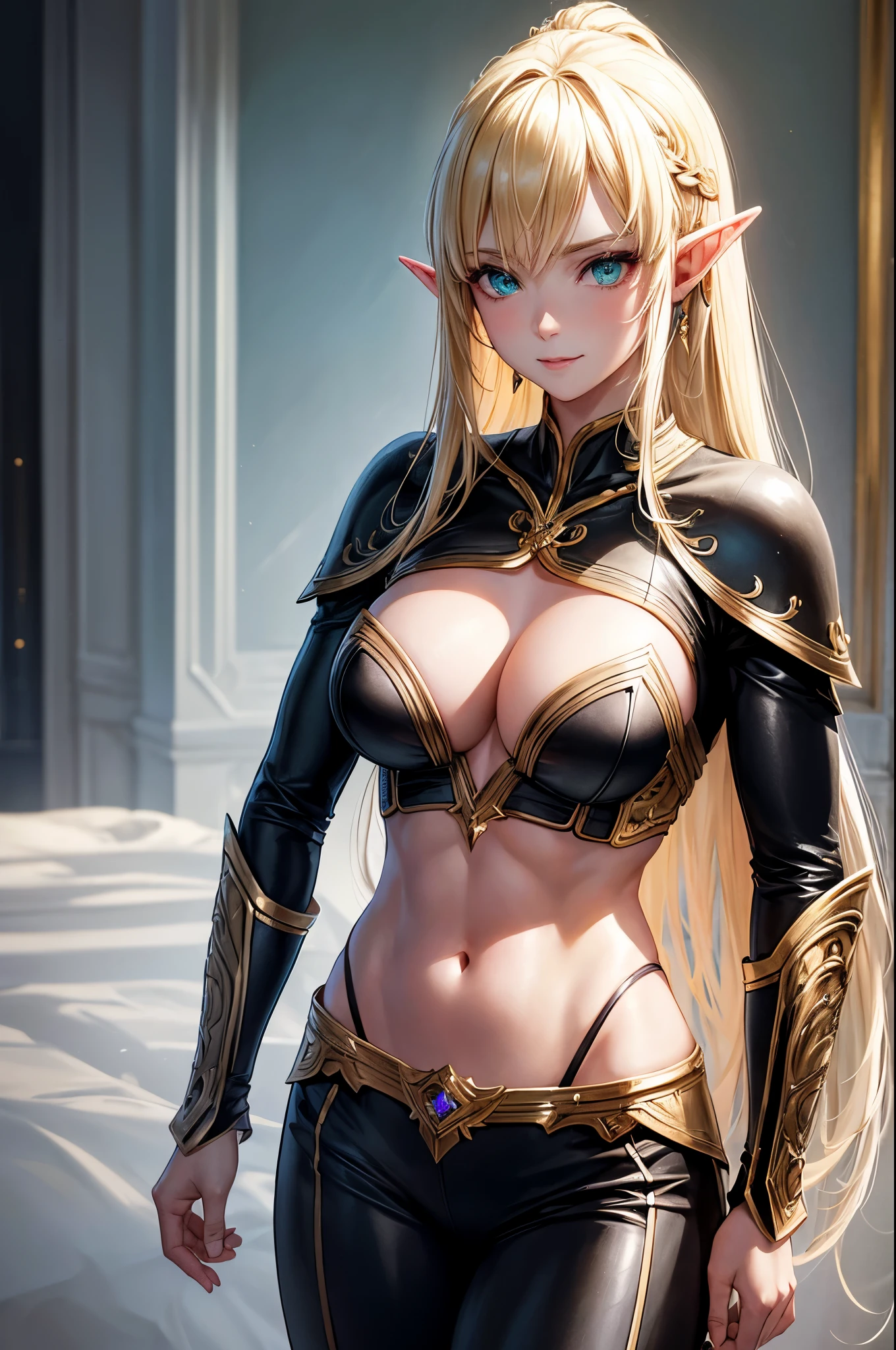 8k,An elf woman who serves as the vice-commander of the Brave Knights..,so beautiful(Like the real thing),Green Eyes,Elf Ears,Blonde Straight Hair,Muscular and slim body,Strongly defined abdominal muscles,Luxurious black exterior,Luxury Black Combat Pants,Very big smile,Long, narrow eyes,masterpiece,Photorealistic RAW photos of the highest quality。Bright colors,Rich colors, Backlight, Cinema Lighting, Film Grain, to be born, 50mm lens, Nikon D850,Realistic Skin,Fantasy art,Character Art,Ultra-high resolution,Realistic scale skins,Perfect hand shape,View your viewers,Beautiful expression,1 comb&#39;hair,Very small breasts,Gorgeous black very small chest armor,Luxurious black shoulder pad,Luxurious black gauntlets,Luxurious black armour,Luxurious black leg armor,View your viewers,Thin breastplate,Top view,close,Sharp Eyes,Dynamic fighting pose,Very small breasts,German,Muscular Beauty,Hard and strong abs,Makeup,