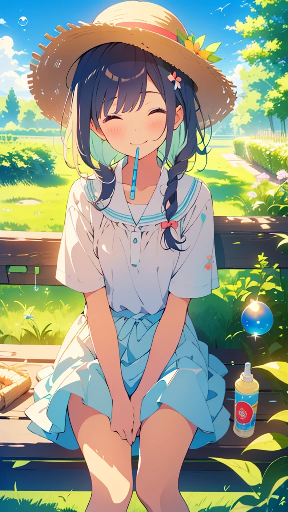 masterpiece、Highest quality、A grassland with blue skies、summer、Sit on a bench、（One Girl）、One Girl、Wearing a straw hat、Laugh with your mouth closed、summer服、Blowing soap bubbles