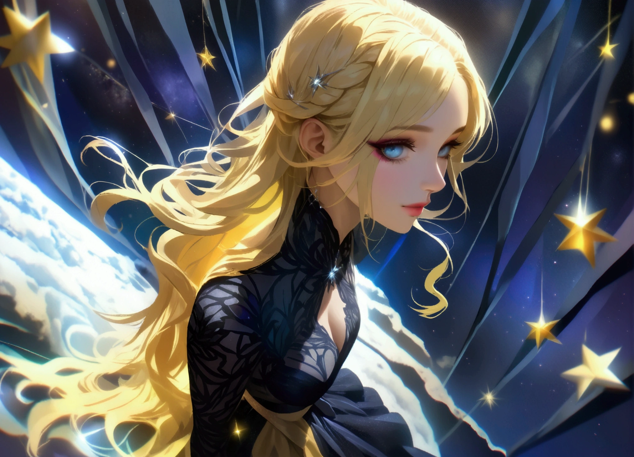 a glamour ((full body: 1.5)) picture shot, of an elite model covered in stars, walking on a (dark catwalk: 1.2), an extraordinary glamourous elite female model, ((full body: 1.5)),  ((anatomically correct: 1.5), (ultra detailed face: 1.2), best detailed face, yrllow hair, long hair, lush hair, glam hair cut, blue eyes, delicate face, light make up, wearing intricate detailed dress, glamour dress, haute couture dress, elite fashion dress, black as night dress, decorated with bright stars, starlight,  small cleavage, wearing high heels, elegant high heels, she wears diamond necklace, she is glows in a soft starry light, she walks on (asteroid catwalk: 1.2), elite fashion show background, vibrant, Hyperrealism style, vibrant, Ultra-high resolution, High Contrast, (masterpiece:1.5), highest quality, Best aesthetics), best details, best quality, highres, ultra wide angle, 16k, [ultra detailed], masterpiece, best quality, (extremely detailed) RAW, chumbasket art style, photograph, photograph