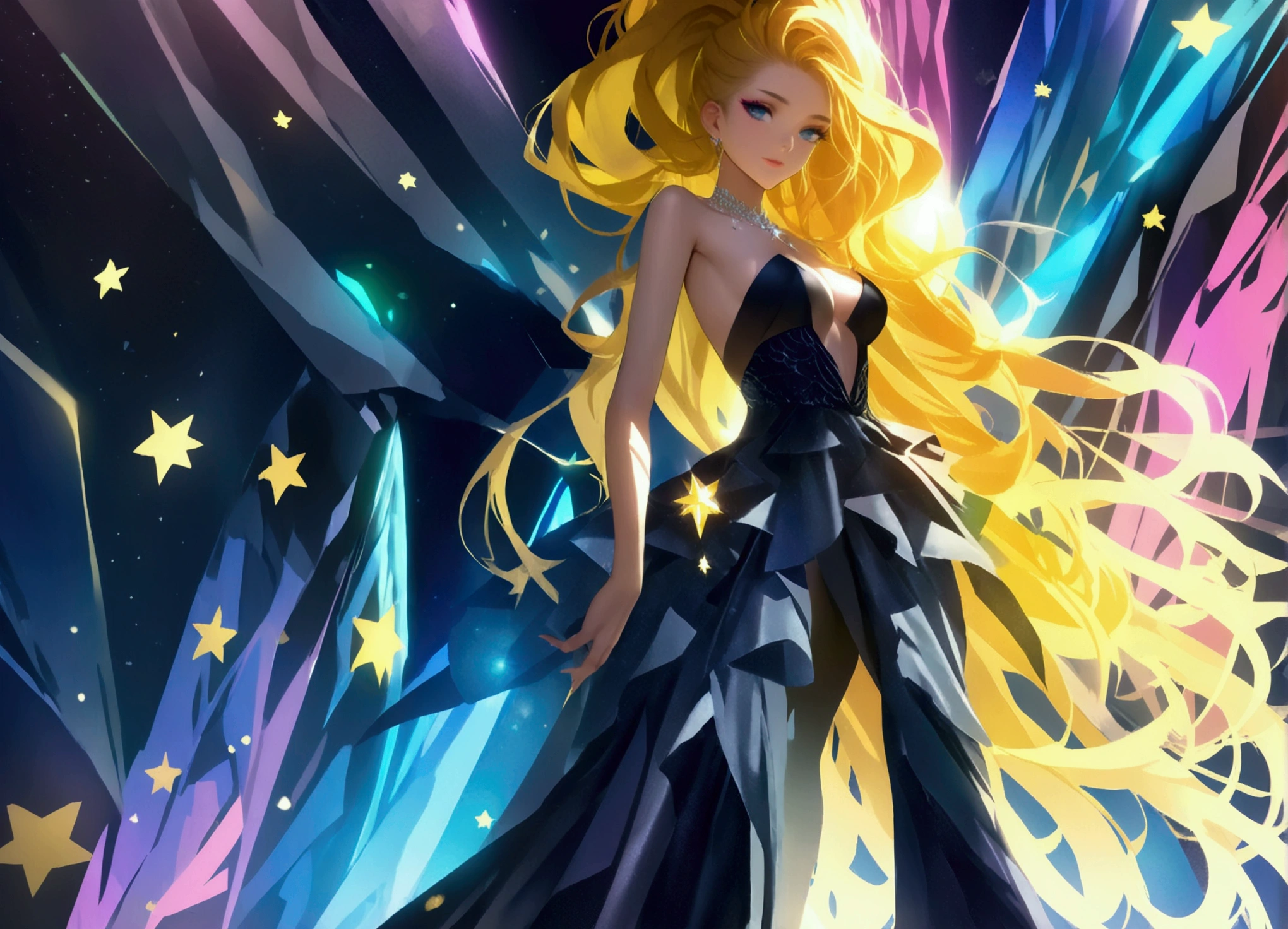 a glamour ((full body: 1.5)) picture shot, of an elite model covered in stars, walking on a (dark catwalk: 1.2), an extraordinary glamourous elite female model, ((full body: 1.5)),  ((anatomically correct: 1.5), (ultra detailed face: 1.2), best detailed face, yrllow hair, long hair, lush hair, glam hair cut, blue eyes, delicate face, light make up, wearing intricate detailed dress, glamour dress, haute couture dress, elite fashion dress, black as night dress, decorated with bright stars, starlight,  small cleavage, wearing high heels, elegant high heels, she wears diamond necklace, she is glows in a soft starry light, she walks on (asteroid catwalk: 1.2), elite fashion show background, vibrant, Hyperrealism style, vibrant, Ultra-high resolution, High Contrast, (masterpiece:1.5), highest quality, Best aesthetics), best details, best quality, highres, ultra wide angle, 16k, [ultra detailed], masterpiece, best quality, (extremely detailed) RAW, chumbasket art style, photograph, photograph