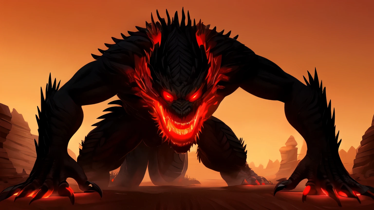 ((best quality)), ((masterpiece)), (detailed), A digital silhouette illustration of a giant monster made up of writhing worms, with sharp teeth and glowing red eyes. The monster is destroying a desert area