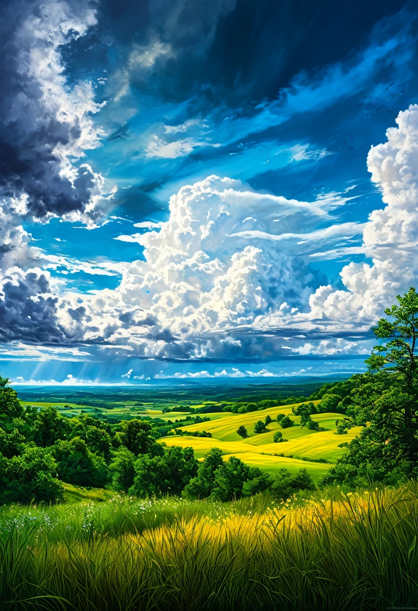 Summer Sky (Painterly Style), realistic, highly realistic, meticulously detailed, breathtakingly realistic, high-contrast realism, high-saturation realism, vibrant colors, dramatic lighting, enchanting landscapes, compelling storytelling, atmospheric scenes, mesmerizing visuals, intricate details, powerful emotions, ethereal beauty, dreamlike worlds