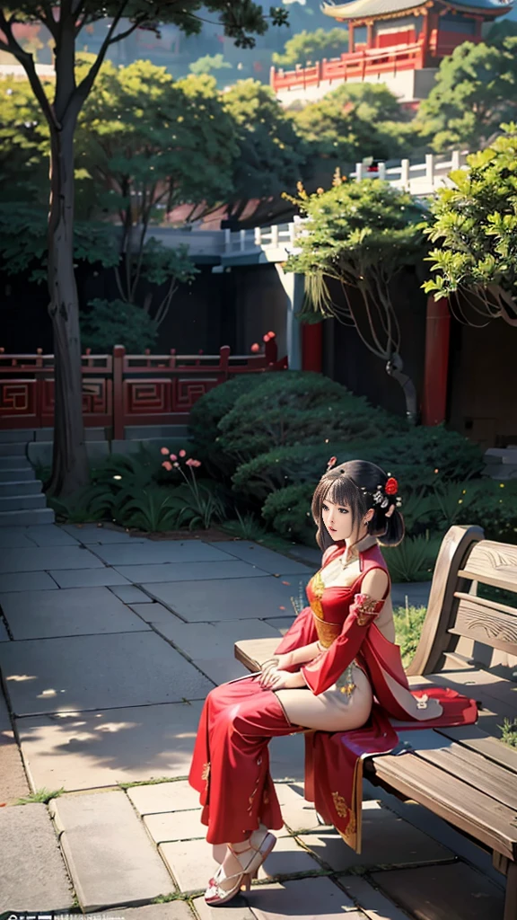 a woman in a red dress sitting on a bench under a tree, palace ， a girl in hanfu, guweiz, wearing ancient chinese clothes, cute anime waifu in a nice dress, chinese style, beautiful anime girl, flowing hair and long robes, by Yang J, beautiful anime woman, beautiful alluring anime woman, artwork in the style of guweiz