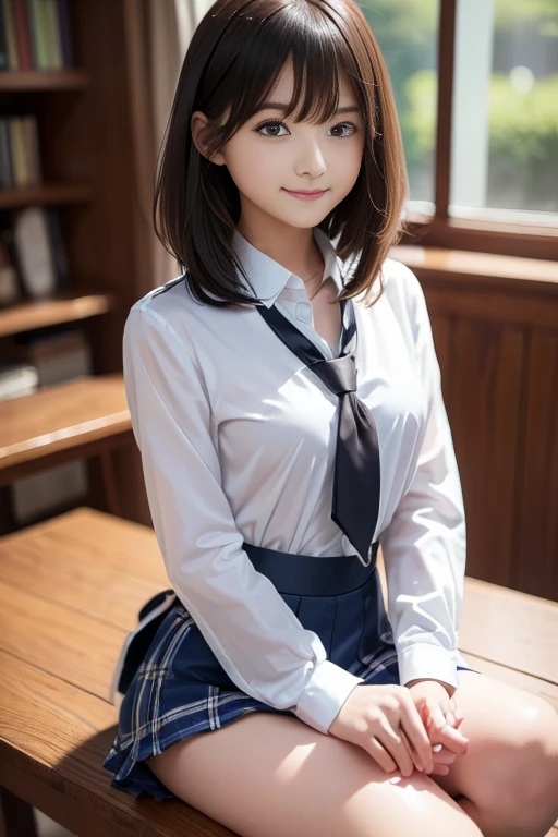 Highest quality、shape、 Very detailed、finely、 High resolution、8k wallpaper、完璧なダイナミックな構shape、Beautiful 17 year old girl、A neat and mature high school girl、Beautiful face in every detail、Beautiful eyes in every detail、Rough skin、A faint smile、Small breasts、Bold sexy pose、((Schoolgirl uniform、Medium Hair:1.4))、((Looking at the audience、smile))、(((Loose tie、open chest shirt:1.3)))、((Sitting cross-legged、I can see your thighs:1.2))