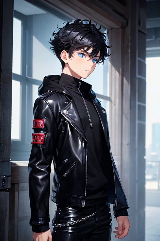 1boy,guy,Standing, sad expression, Facing right, camera angle from the side, photo from the side, looking away,18 years old,Curly hair,blue eyes,medium hair,undercut hairstyle,black hair,black jacket,shiny Leather jacket,black hoodie,tight leather pants,morning,ultra detail,masterpiece