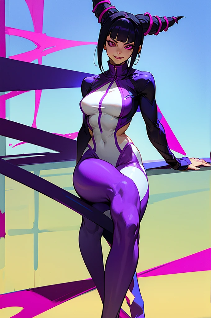 juri han,beautiful young fitness woman with , in a gym wearing May with black pantyhose, white and purple fitted gym jacket. standing alone,hair horns,bright purple eyes,Evil smile,legging preto aura roxa,arms crossed eye shadow,whole body,labiaa,sitting,legs crossed
