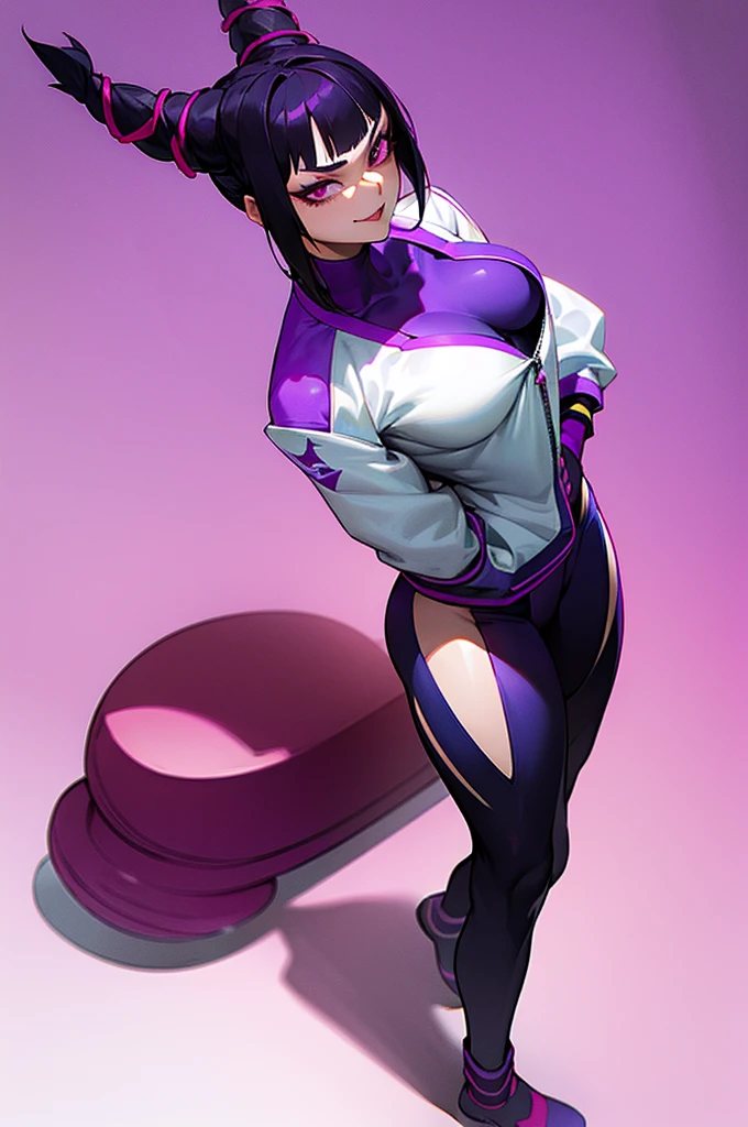 juri han,beautiful young fitness woman with , in a gym wearing May with black pantyhose, white and purple fitted gym jacket. standing alone,hair horns,bright purple eyes,Evil smile,legging preto aura roxa,arms crossed eye shadow,whole body,labiaa,sitting,legs crossed
