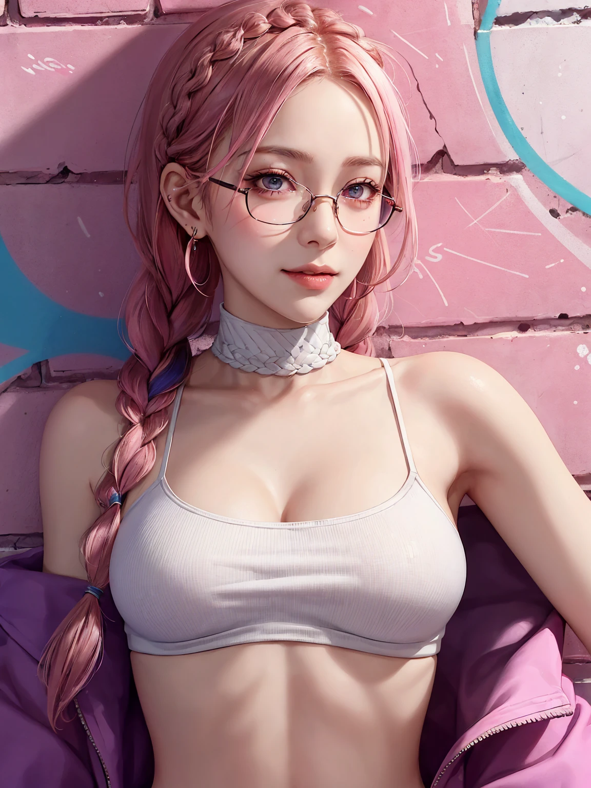 (Masterpiece, best quality, 1 girl, alone, complicated details, Chromatic aberration), realistic, ((Moderate breath)),long hair, pink hair, Red headpiece, Pink Highlights, hair on one eye,purple eyes, earring, sharp eyes, choker, Neon coat, She wears a collar, bangle, and kimono style garters., crop top, (symmetrical eyes),(Perfect symmetrical body),against the wall, Brick wall, (colorful graffiti words on the wall:1.2), The light is dim., alley ,Look at the viewer.、Dig the chest、smile、(sleeveless、Navel touch、Fitted turtleneck.)、street string hot pants、Thin bottom、Please build above the eaves..、Thin shoulders、1 Female,Brown Hair, ,((Anxious expression)),Beautiful breasts,School Swimsuit、Stylish,,(Look forward)(((Blushing、Surprised expression)),(((Braid))),((( Upper body portrait)))Frameless Glasses