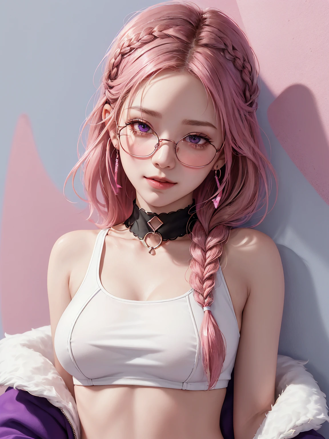 (Masterpiece, best quality, 1 girl, alone, complicated details, Chromatic aberration), realistic, ((Moderate breath)),long hair, pink hair, Red headpiece, Pink Highlights, hair on one eye,purple eyes, earring, sharp eyes, choker, Neon coat, She wears a collar, bangle, and kimono style garters., crop top, (symmetrical eyes),(Perfect symmetrical body),against the wall, Brick wall, (colorful graffiti words on the wall:1.2), The light is dim., alley ,Look at the viewer.、Dig the chest、smile、(sleeveless、Navel touch、Fitted turtleneck.)、street string hot pants、Thin bottom、Please build above the eaves..、Thin shoulders、1 Female,Brown Hair, ,((Anxious expression)),Beautiful breasts,School Swimsuit、Stylish,,(Look forward)(((Blushing、Surprised expression)),(((Braid))),((( Upper body portrait)))Frameless Glasses