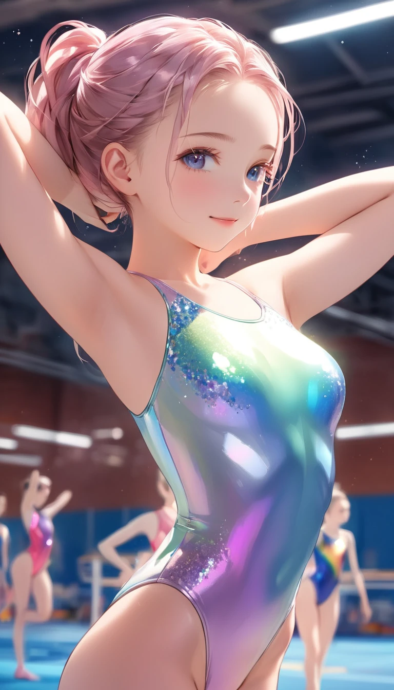highquality illustration, masterpiece, very delicate and beautiful, attractive girl,(gymnastics leotard,long sleeve leotard with glittery decoration,high_leg leotard,athletic leotard,tight-fit leotard,iridescent gradient leotard,long-sleeve leotard),thin,slender body,slim,high school,gymnasium background,gymnastics club,gymnastics athlete,princess, beautiful eyes,light smile,(masterpiece, best quality:1.2), highres, extremely detailed CG unity 8k wallpaper, perfect lighting, Colourful, ultra-high res,4K,ultra-detailed, photography, 8K, HDR, 17 ages,cowboy shot,