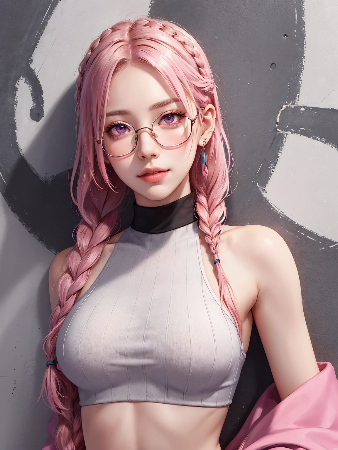 (Masterpiece, best quality, 1 girl, alone, complicated details, Chromatic aberration), realistic, ((Moderate breath)),long hair, pink hair, Red headpiece, Pink Highlights, hair on one eye,purple eyes, earring, sharp eyes, choker, Neon coat, She wears a collar, bangle, and kimono style garters., crop top, (symmetrical eyes),(Perfect symmetrical body),against the wall, Brick wall, (colorful graffiti words on the wall:1.2), The light is dim., alley ,Look at the viewer.、Dig the chest、smile、(sleeveless、Navel touch、Fitted turtleneck.)、street string hot pants、Thin bottom、Please build above the eaves..、Thin shoulders、1 Female,Brown Hair, ,((Anxious expression)),Beautiful breasts,School Swimsuit、Stylish,,(Look forward)(((Blushing、Surprised expression)),(((Braid))),((( Upper body portrait)))Frameless Glasses