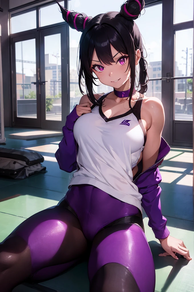 juri han,beautiful young fitness woman with , in a gym wearing May with black pantyhose, white and purple fitted gym jacket. standing alone,hair horns,bright purple eyes,Evil smile,legging preto aura roxa,arms crossed eye shadow,whole body,labiaa,sitting,legs crossed